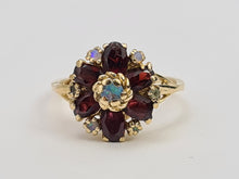 Load image into Gallery viewer, 7368-Antique Rare: 14ct Gold Almandine Garnets Water Opals Flowerhead Cluster Ring- outrageous beauty
