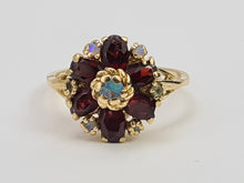 Load image into Gallery viewer, 7368-Antique Rare: 14ct Gold Almandine Garnets Water Opals Flowerhead Cluster Ring- outrageous beauty
