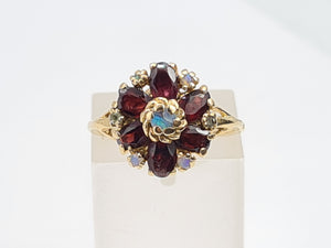 7368-Antique Rare: 14ct Gold Almandine Garnets Water Opals Flowerhead Cluster Ring- outrageous beauty