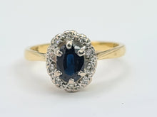 Load image into Gallery viewer, 7371-Vintage Classic 18ct Gold French Blue Sapphires 10 Diamonds Halo Ring- fine example,  lovely sparkle
