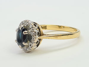 7371-Vintage Classic 18ct Gold French Blue Sapphires 10 Diamonds Halo Ring- fine example,  lovely sparkle