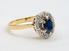 Load image into Gallery viewer, 7371-Vintage Classic 18ct Gold French Blue Sapphires 10 Diamonds Halo Ring- fine example,  lovely sparkle
