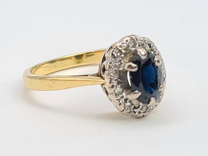 7371-Vintage Classic 18ct Gold French Blue Sapphires 10 Diamonds Halo Ring- fine example,  lovely sparkle