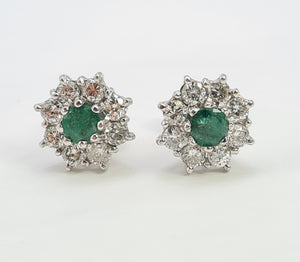 7375: Vintage Fabulous 18ct White Gold Emeralds 16 Diamonds Earrings- Captivating