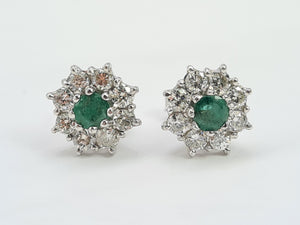 7375: Vintage Fabulous 18ct White Gold Emeralds 16 Diamonds Earrings- Captivating