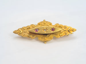 7382-Antique: 1904 hallmarked  9ct Gold Diamond Garnets Pin Brooch- 120 years old