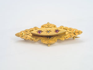 7382-Antique: 1904 hallmarked  9ct Gold Diamond Garnets Pin Brooch- 120 years old