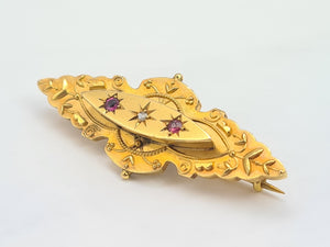 7382-Antique: 1904 hallmarked  9ct Gold Diamond Garnets Pin Brooch- 120 years old