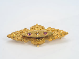 7382-Antique: 1904 hallmarked  9ct Gold Diamond Garnets Pin Brooch- 120 years old