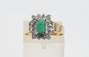 0144: Vintage: 9ct Gold Emerald Cut Emerald 14 Diamonds Square Set Ring