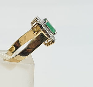 0144: Vintage: 9ct Gold Emerald Cut Emerald 14 Diamonds Square Set Ring