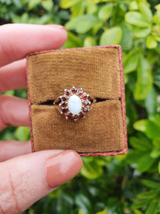 7271- Vintage (1960's) Opal Garnets Halo Cocktail Ring- lovely combination