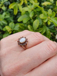 7271- Vintage (1960's) Opal Garnets Halo Cocktail Ring- lovely combination