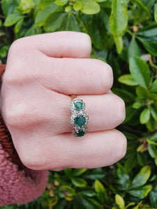 9011-Vintage (1976) 18ct Gold Vibrant Emeralds Trilogy 24 Brilliant Cut Diamonds- hallmarked in London in 1976