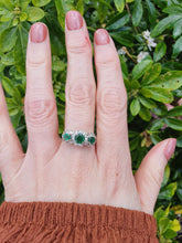 Load image into Gallery viewer, 9011-Vintage (1976) 18ct Gold Vibrant Emeralds Trilogy 24 Brilliant Cut Diamonds- hallmarked in London in 1976
