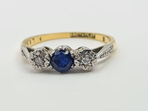 7405 Antique: 18ct Gold Platinum Set French Blue Sapphire Diamonds Dress Ring