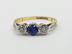 7405 Antique: 18ct Gold Platinum Set French Blue Sapphire Diamonds Dress Ring