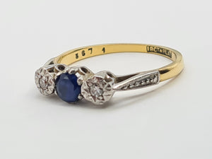 7405 Antique: 18ct Gold Platinum Set French Blue Sapphire Diamonds Dress Ring