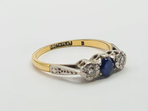 7405 Antique: 18ct Gold Platinum Set French Blue Sapphire Diamonds Dress Ring