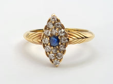 Load image into Gallery viewer, 7407-Antique: Art Deco 18ct Gold Cornflower Blue Sapphire 14 Diamonds Ring- Geometric, sparkling, symmetry
