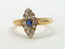 Load image into Gallery viewer, 7407-Antique: Art Deco 18ct Gold Cornflower Blue Sapphire 14 Diamonds Ring- Geometric, sparkling, symmetry
