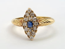 Load image into Gallery viewer, 7407-Antique: Art Deco 18ct Gold Cornflower Blue Sapphire 14 Diamonds Ring- Geometric, sparkling, symmetry
