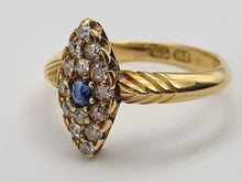 Load image into Gallery viewer, 7407-Antique: Art Deco 18ct Gold Cornflower Blue Sapphire 14 Diamonds Ring- Geometric, sparkling, symmetry
