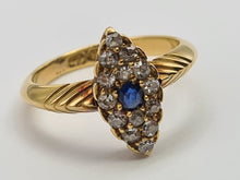 Load image into Gallery viewer, 7407-Antique: Art Deco 18ct Gold Cornflower Blue Sapphire 14 Diamonds Ring- Geometric, sparkling, symmetry
