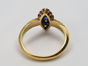 7407-Antique: Art Deco 18ct Gold Cornflower Blue Sapphire 14 Diamonds Ring- Geometric, sparkling, symmetry