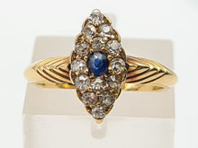 Load image into Gallery viewer, 7407-Antique: Art Deco 18ct Gold Cornflower Blue Sapphire 14 Diamonds Ring- Geometric, sparkling, symmetry
