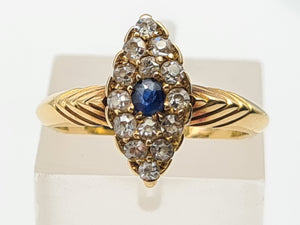 7407-Antique: Art Deco 18ct Gold Cornflower Blue Sapphire 14 Diamonds Ring- Geometric, sparkling, symmetry