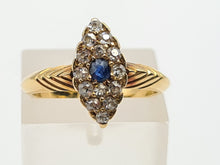 Load image into Gallery viewer, 7407-Antique: Art Deco 18ct Gold Cornflower Blue Sapphire 14 Diamonds Ring- Geometric, sparkling, symmetry
