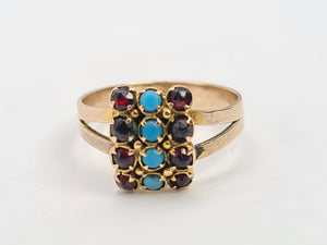 4834: Vintage Old 9ct Gold Geometric Set Signet Ring Turquoises Garnets- lovely symmetry