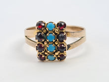 Load image into Gallery viewer, 4834: Vintage Old 9ct Gold Geometric Set Signet Ring Turquoises Garnets- lovely symmetry
