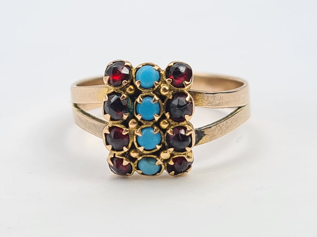 6269 Vintage Old 9ct Gold Geometric Set Signet Ring Turquoises Garnets