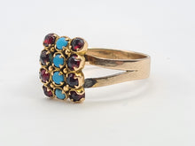 Load image into Gallery viewer, 4834: Vintage Old 9ct Gold Geometric Set Signet Ring Turquoises Garnets- lovely symmetry
