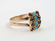 Load image into Gallery viewer, 4834: Vintage Old 9ct Gold Geometric Set Signet Ring Turquoises Garnets- lovely symmetry
