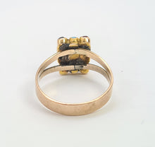 Load image into Gallery viewer, 4834: Vintage Old 9ct Gold Geometric Set Signet Ring Turquoises Garnets- lovely symmetry
