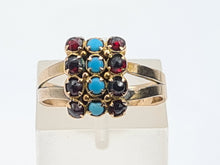 Load image into Gallery viewer, 4834: Vintage Old 9ct Gold Geometric Set Signet Ring Turquoises Garnets- lovely symmetry
