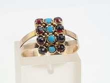 Load image into Gallery viewer, 4834: Vintage Old 9ct Gold Geometric Set Signet Ring Turquoises Garnets- lovely symmetry
