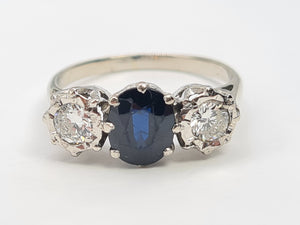 7387- Vintage: Exceptional 18ct White Gold French Blue Sapphire Diamonds Ring- Hallmarked London 1975.