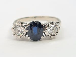 7387- Vintage: Exceptional 18ct White Gold French Blue Sapphire Diamonds Ring- Hallmarked London 1975.