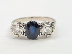 7387- Vintage: Exceptional 18ct White Gold French Blue Sapphire Diamonds Ring- Hallmarked London 1975.