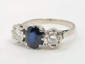 7387- Vintage: Exceptional 18ct White Gold French Blue Sapphire Diamonds Ring- Hallmarked London 1975.