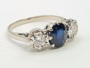 7387- Vintage: Exceptional 18ct White Gold French Blue Sapphire Diamonds Ring- Hallmarked London 1975.