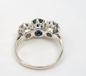 7387- Vintage: Exceptional 18ct White Gold French Blue Sapphire Diamonds Ring- Hallmarked London 1975.