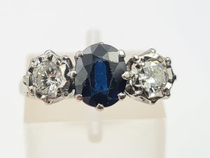 7387- Vintage: Exceptional 18ct White Gold French Blue Sapphire Diamonds Ring- Hallmarked London 1975.