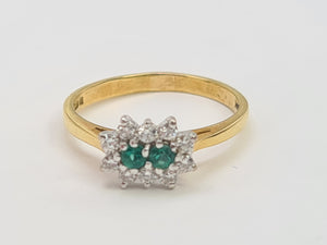 7418: Vintage (1983) Rare 18ct Gold Two Emeralds 10 Diamonds Dress Ring- lovely combination