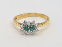 Load image into Gallery viewer, 7418: Vintage (1983) Rare 18ct Gold Two Emeralds 10 Diamonds Dress Ring- lovely combination
