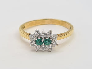 7418: Vintage (1983) Rare 18ct Gold Two Emeralds 10 Diamonds Dress Ring- lovely combination